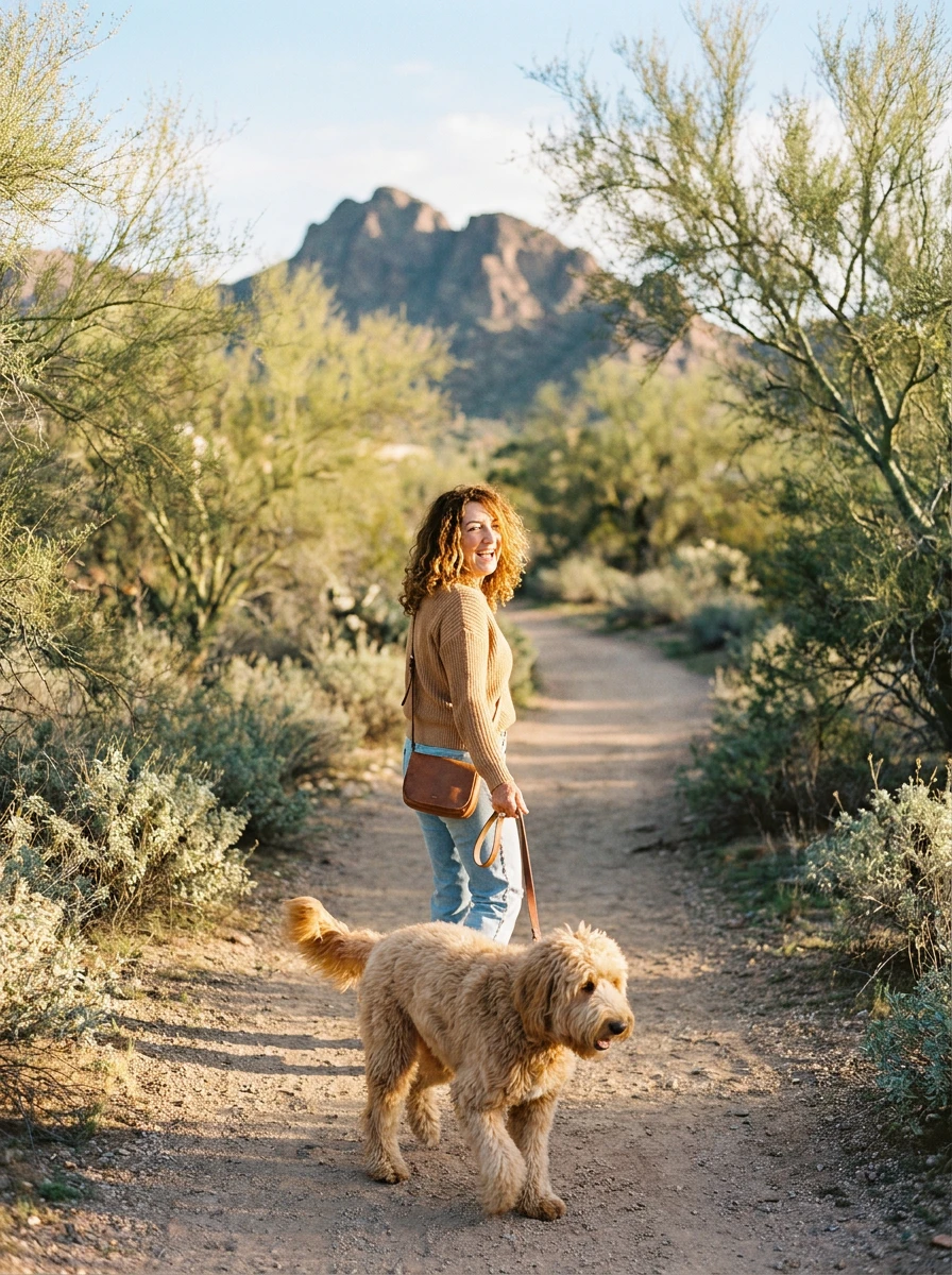 Kari Hughes walking with Hudson on a desert trail, South Mountain in the background